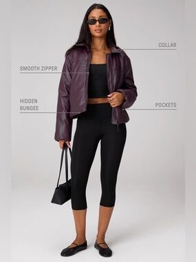 Fabletics Faux-Leather Bomber Jacket Maroon Oversized Medium Full-Zip NWOT
